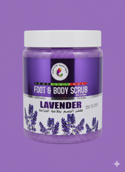 A jar of Magic Glow Professional Lavender Foot & Body Scrub with Vitamin C, featuring a purple label and lavender flower illustrations - عبوة مقشر الجسم والارجل بخلاصة الخزامى من ماجيك جلو بروفيشنال مع فيتامين سي، تتميز بملصق بنفسجي ورسوم لأزهار الخزامى. 