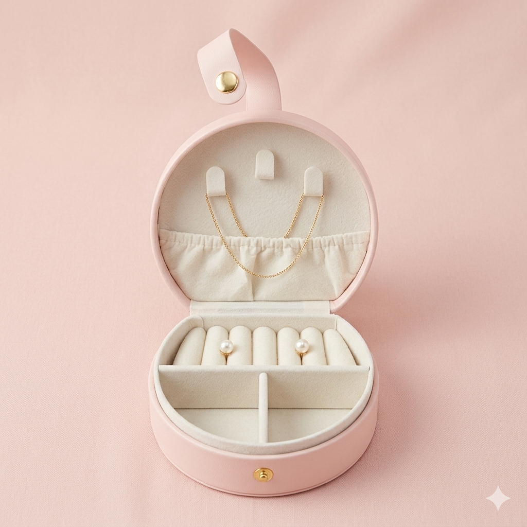 Round Vegan Leather Travel Jewelry Organizer – Pastel Pink