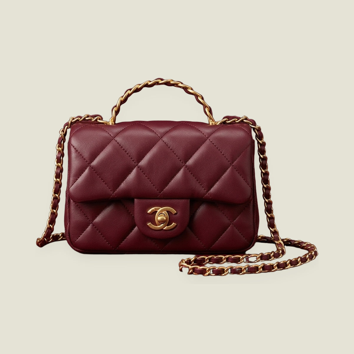 Medium Flap Bag with Top Handle (Burgundy / Deep Red Quilted Lambskin)