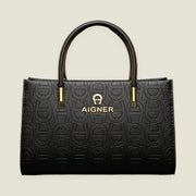 Black Embossed Monogram Structured Tote Handbag