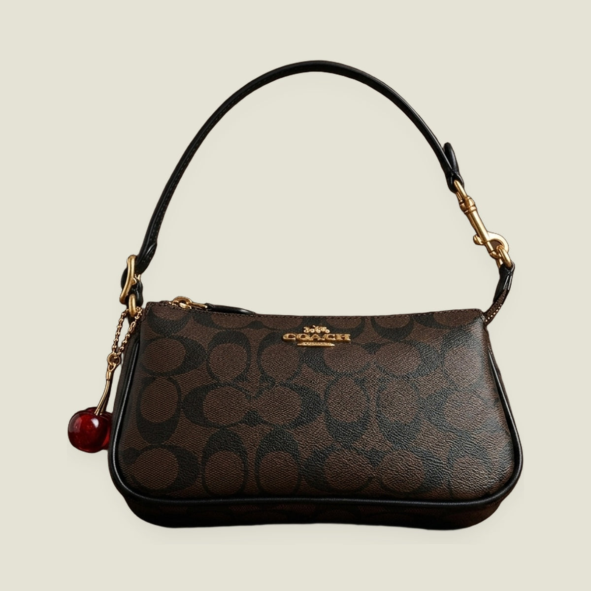 Brown Monogram Baguette Shoulder Bag with Cherry Charm