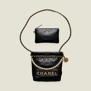 Black Quilted Pearl-Chain Mini Bucket Bag with Pouch