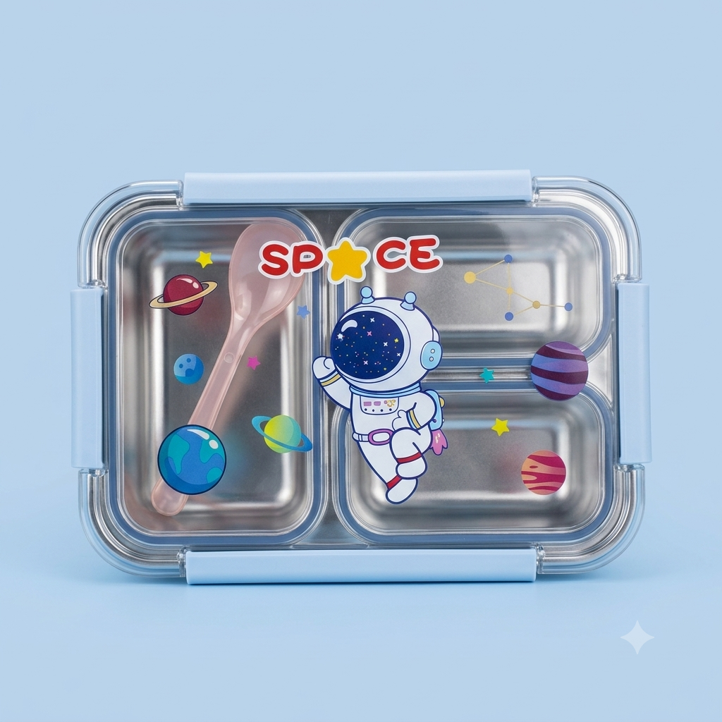 Kids' Space-Theme 3-Compartment Stainless Steel Bento Lunch Box with Spoon