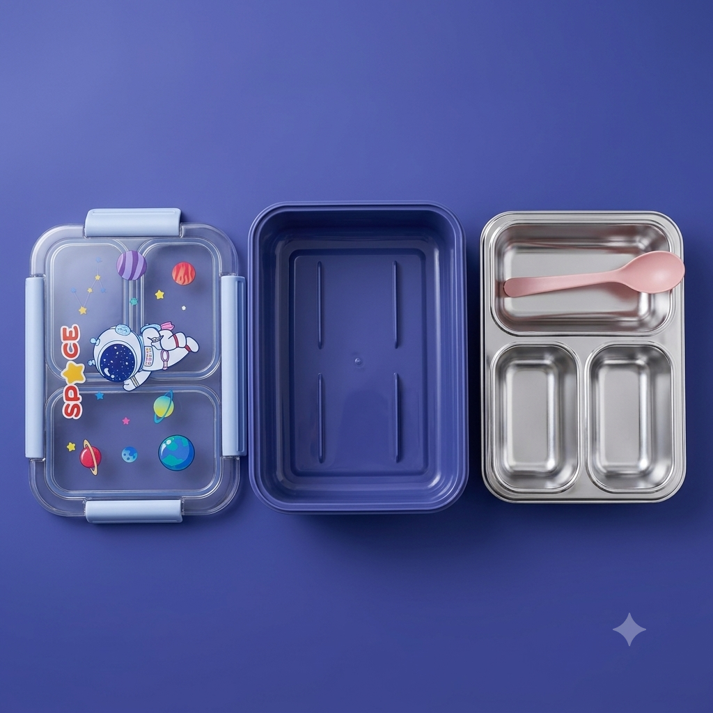 Kids' Space-Theme 3-Compartment Stainless Steel Bento Lunch Box with Spoon