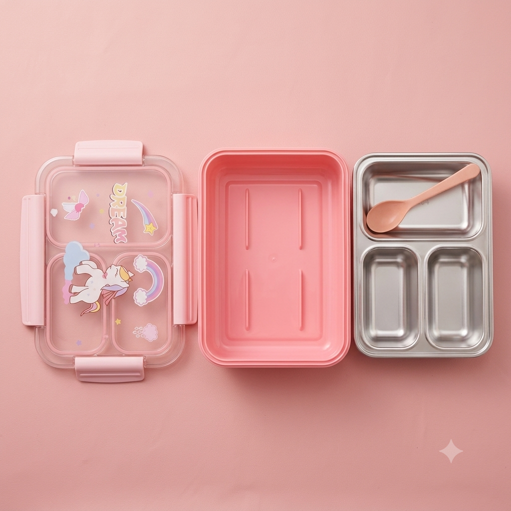 Kids' Pink Unicorn Dream 3-Compartment Stainless Steel Bento Lunch Box with Spoon