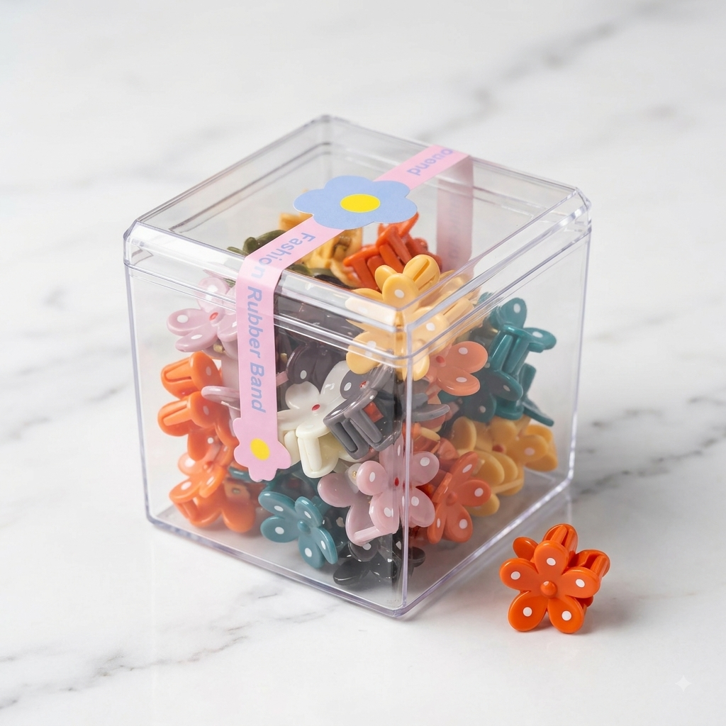 Mini Flower Polka Dot Hair Claw Clips Set (in Clear Acrylic Cube Storage Box) 30+pcs