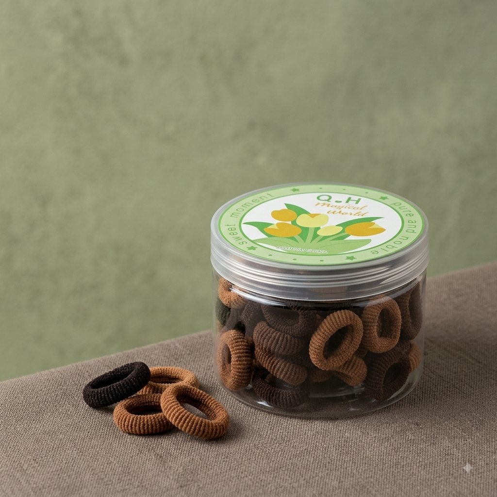 Q.H Magical World Soft Seamless Ribbed Elastic Hair Bands Set in Earthy Neutral Tones (in Clear Storage Jar)