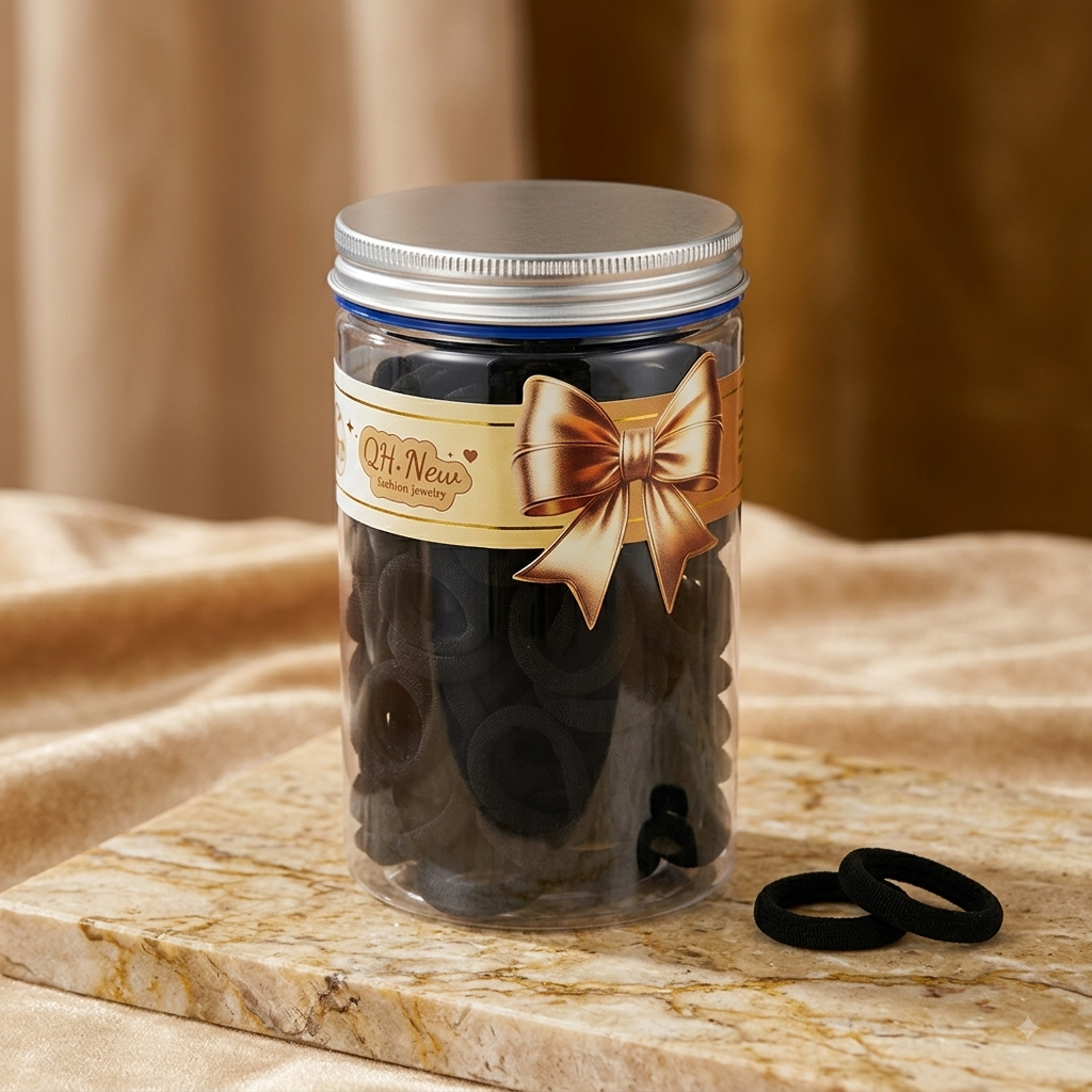 QH.New Soft Seamless Black Elastic Hair Bands Set (in Clear Storage Jar with Silver Lid)