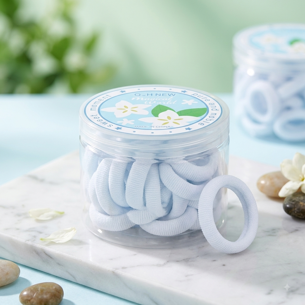 Q.H NEW Magical World Soft Seamless Light Blue Hair Elastic Bands Set (in Clear Storage Jar)