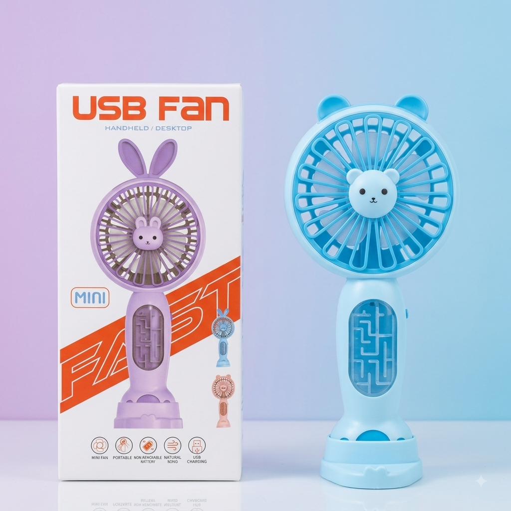 Portable Mini USB Rechargeable Handheld & Desktop Fan with Bunny Design – Blue