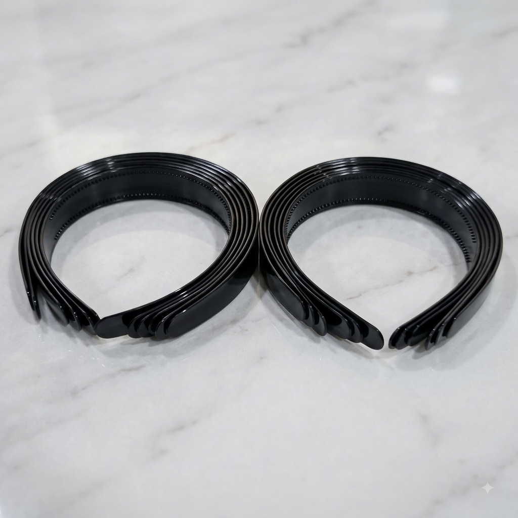 Black Flexible Plastic Hair Headband Set with Inner Grip Teeth – 12 Pieces
