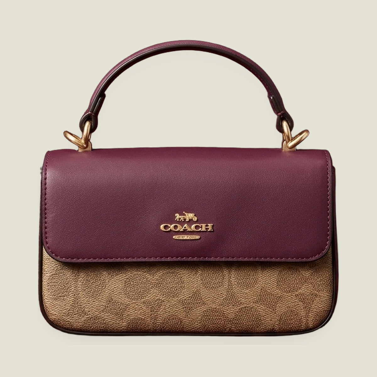 Signature Canvas Top Handle Flap Bag in Burgundy and Tan