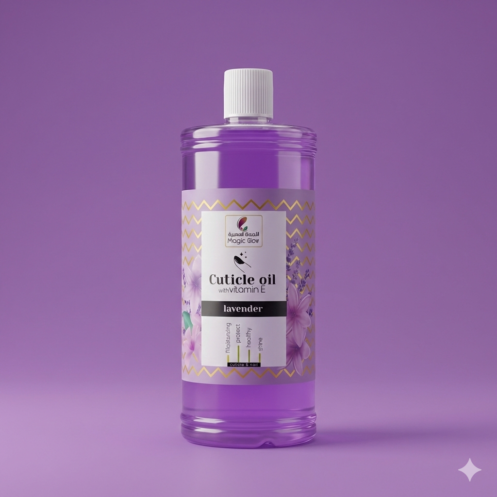 A clear bottle of purple Magic Glow Cuticle Oil with Vitamin E, featuring a lavender-themed label with gold zigzag patterns

زجاجة شفافة من زيت الجلد الميت (الكيوتيكل) من ماجيك جلو بالخزامى مع فيتامين E، تتميز بملصق بنمط متعرج ذهبي ورسوم لأزهار الخزامى.