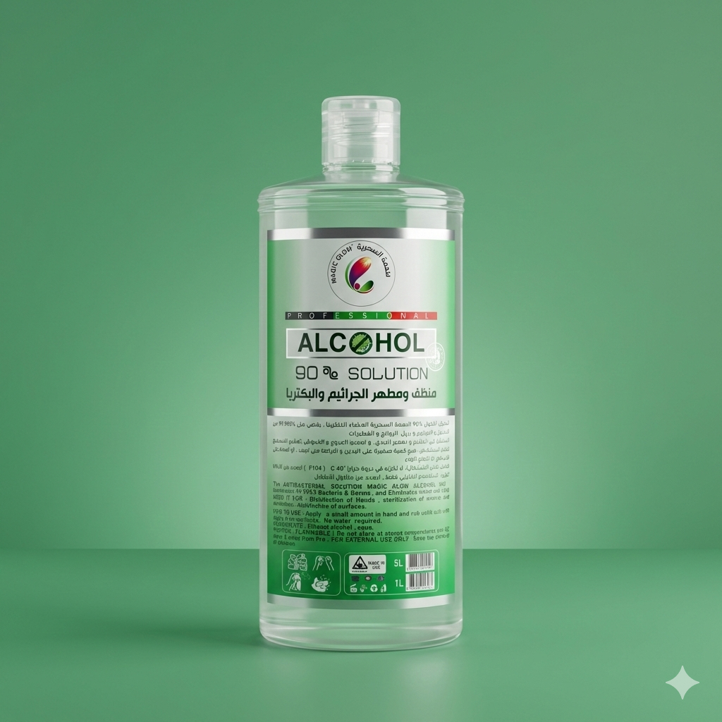 A clear bottle of Magic Glow Professional Alcohol 90% Solution with a white and green label.

زجاجة شفافة من محلول الكحول بنسبة 90% من ماجيك جلو بروفيشنال مع ملصق باللونين الأبيض والأخضر.