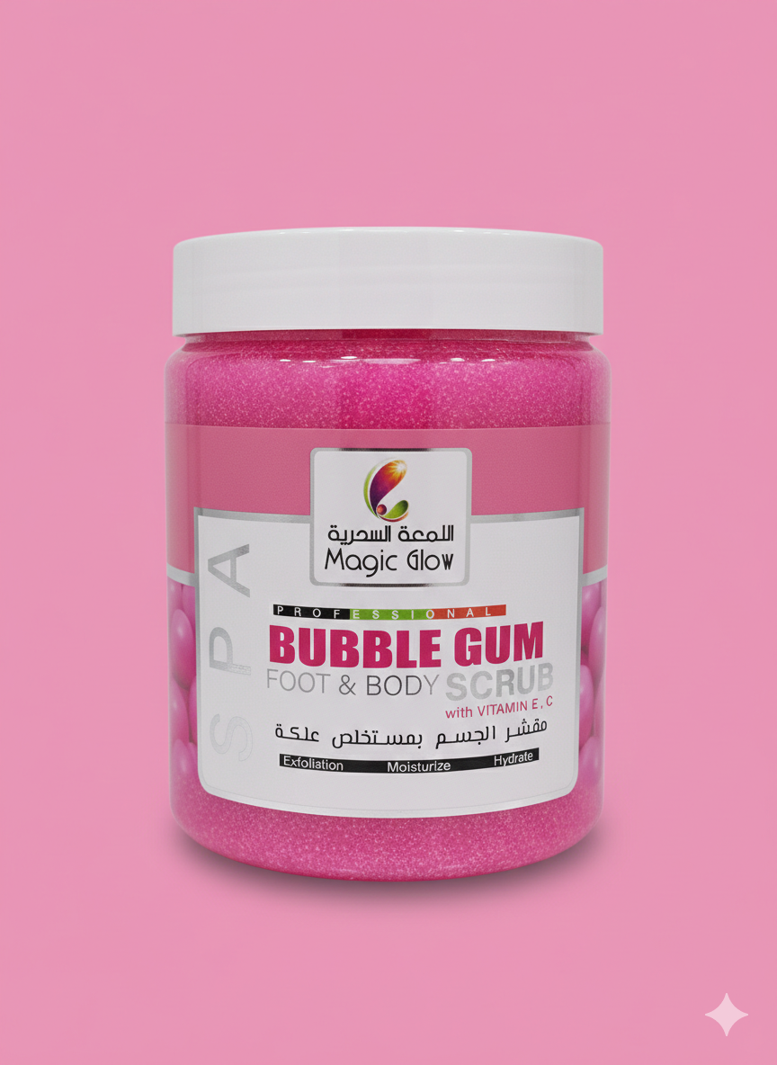A jar of Magic Glow Professional Bubble Gum Foot & Body Scrub with a pink label, featuring Vitamin E and C

عبوة مقشر الجسم والأرجل برائحة علكة الفقاعات من ماجيك جلو بروفيشنال مع فيتامين E و C.