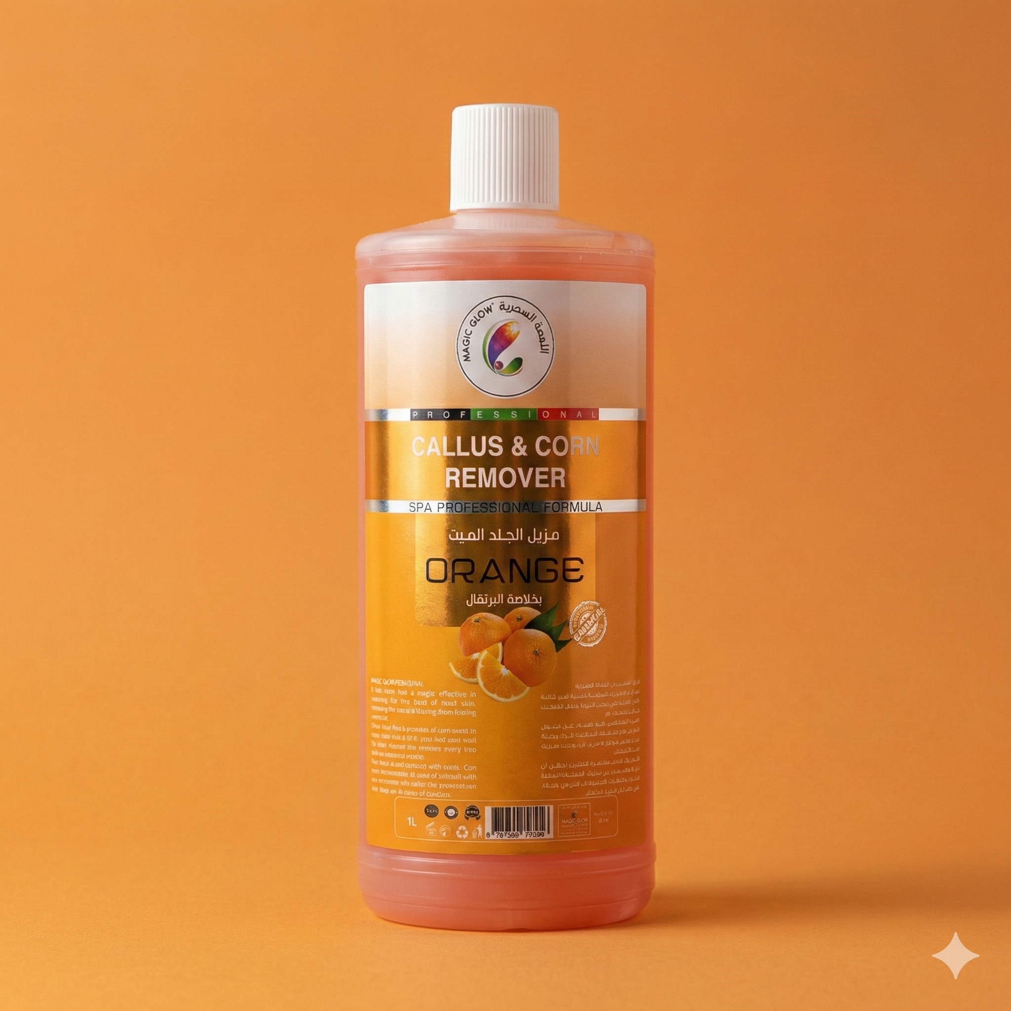 A 1L bottle of Magic Glow Professional Callus & Corn Remover with an orange scent, featuring an orange label and images of fresh oranges.

زجاجة سعة 1 لتر من مزيل الجلد الميت والمسامير من ماجيك جلو بروفيشنال برائحة البرتقال، تتميز بملصق برتقالي وصور لثمار البرتقال الطازجة.