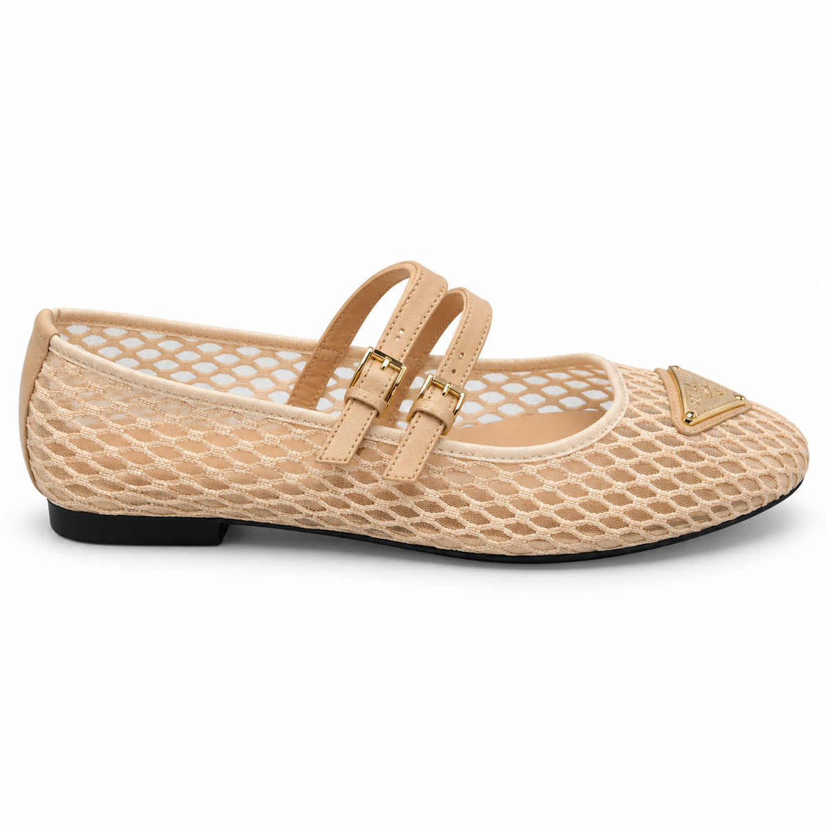 Beige Mesh Double-Strap Mary Jane Ballet Flat with Gold Buckles size (36)