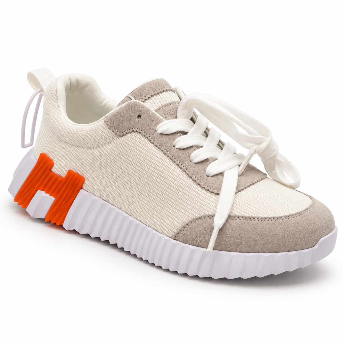 Beige & White Lace-Up Casual Sneaker with Orange Sole Detail size (39)