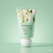 A light green squeeze tube of BIOAQUA Aromatic Moist Hand Cream featuring a watercolor floral illustration and a distinct white spherical cap.