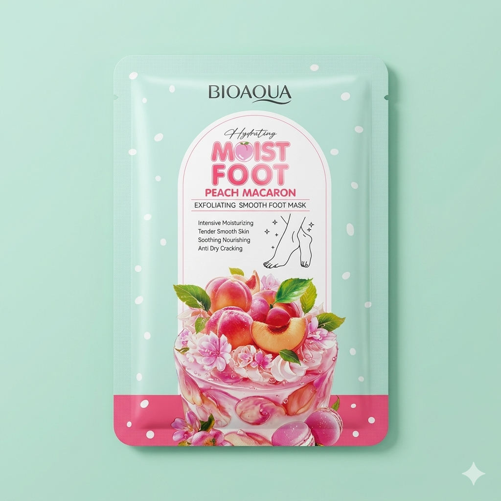 A teal and pink package of Bioaqua Hydrating Moist Foot Peach Macaron Mask featuring illustrations of fresh peaches and floral designs.