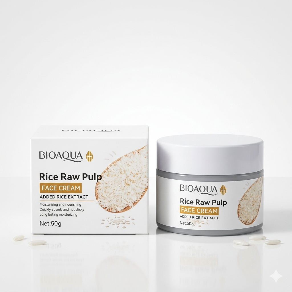 A professional 1350 x 1350 product image featuring the BIOAQUA Rice Raw Pulp Face Cream jar and its coordinating retail box on a clean, minimalist background.