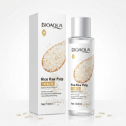 A professional 1350 x 1350 image of a 120ml bottle and packaging box for BIOAQUA Rice Raw Pulp Toner featuring rice grain illustrations.