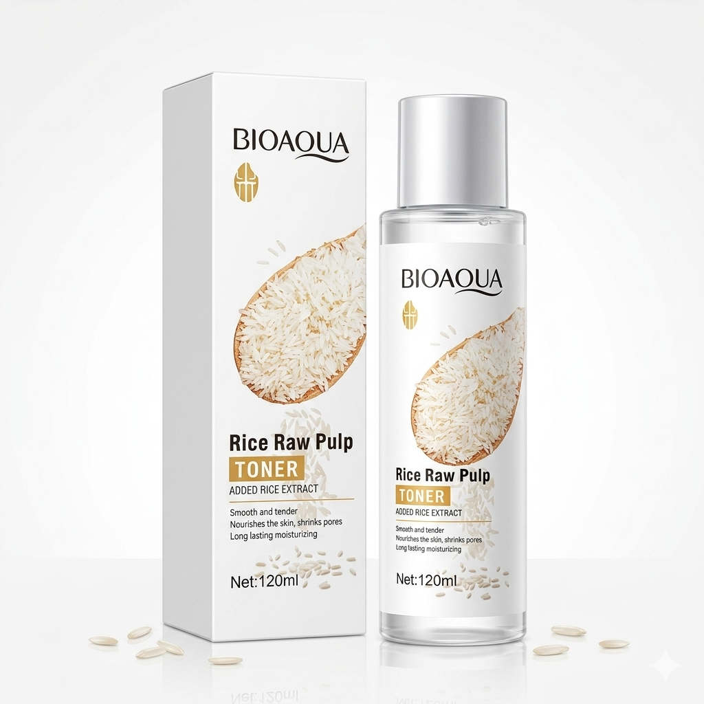 A professional 1350 x 1350 image of a 120ml bottle and packaging box for BIOAQUA Rice Raw Pulp Toner featuring rice grain illustrations.