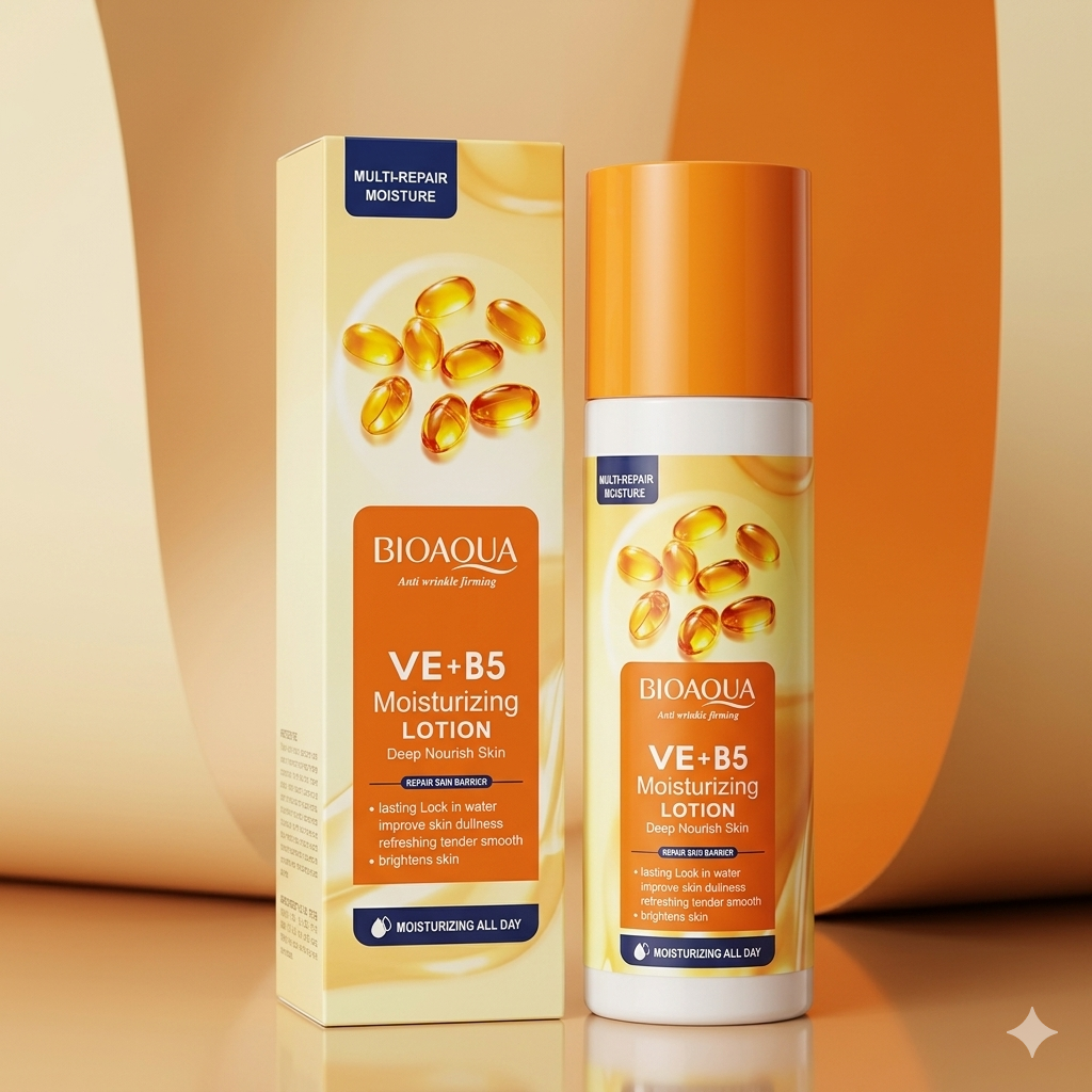 A bottle and packaging box of BIOAQUA VE + B5 Moisturizing Lotion, featuring yellow vitamin capsule illustrations and highlighting its anti-wrinkle and deep nourishing benefits.