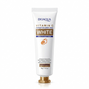 A white 30g tube of Bioaqua Vitamin C Brighten Hand Cream featuring an orange citrus graphic and a gold cap.