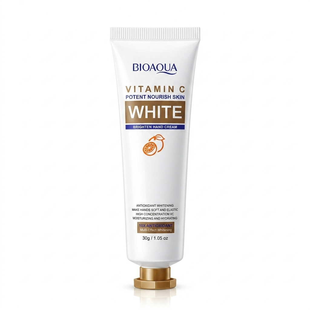 A white 30g tube of Bioaqua Vitamin C Brighten Hand Cream featuring an orange citrus graphic and a gold cap.
