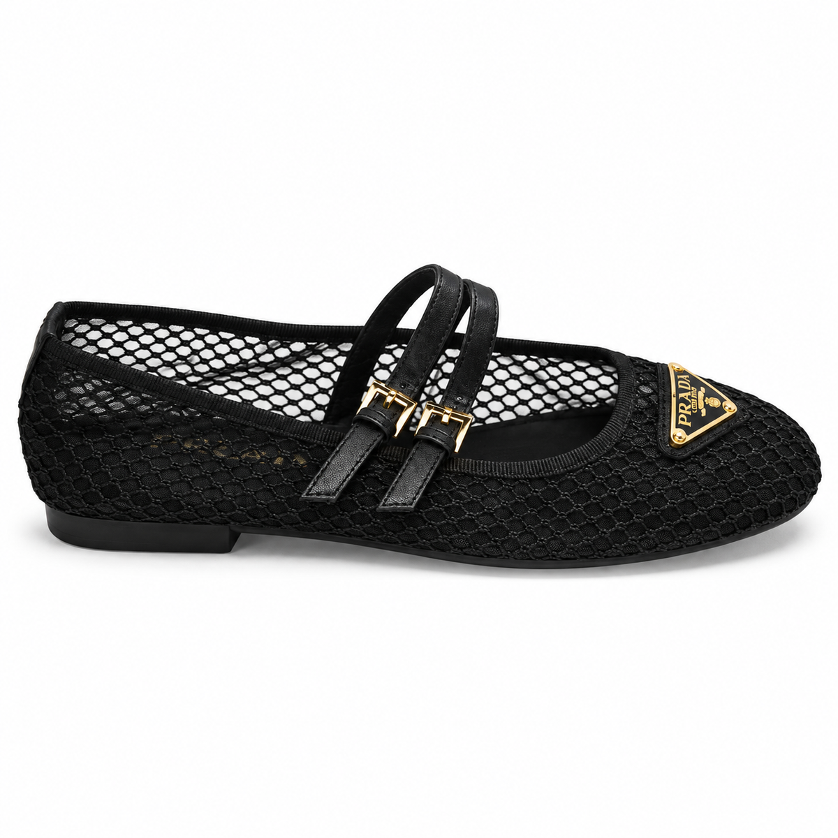 Black Mesh Double-Strap Mary Jane Ballet Flat with Gold Buckles size {37}