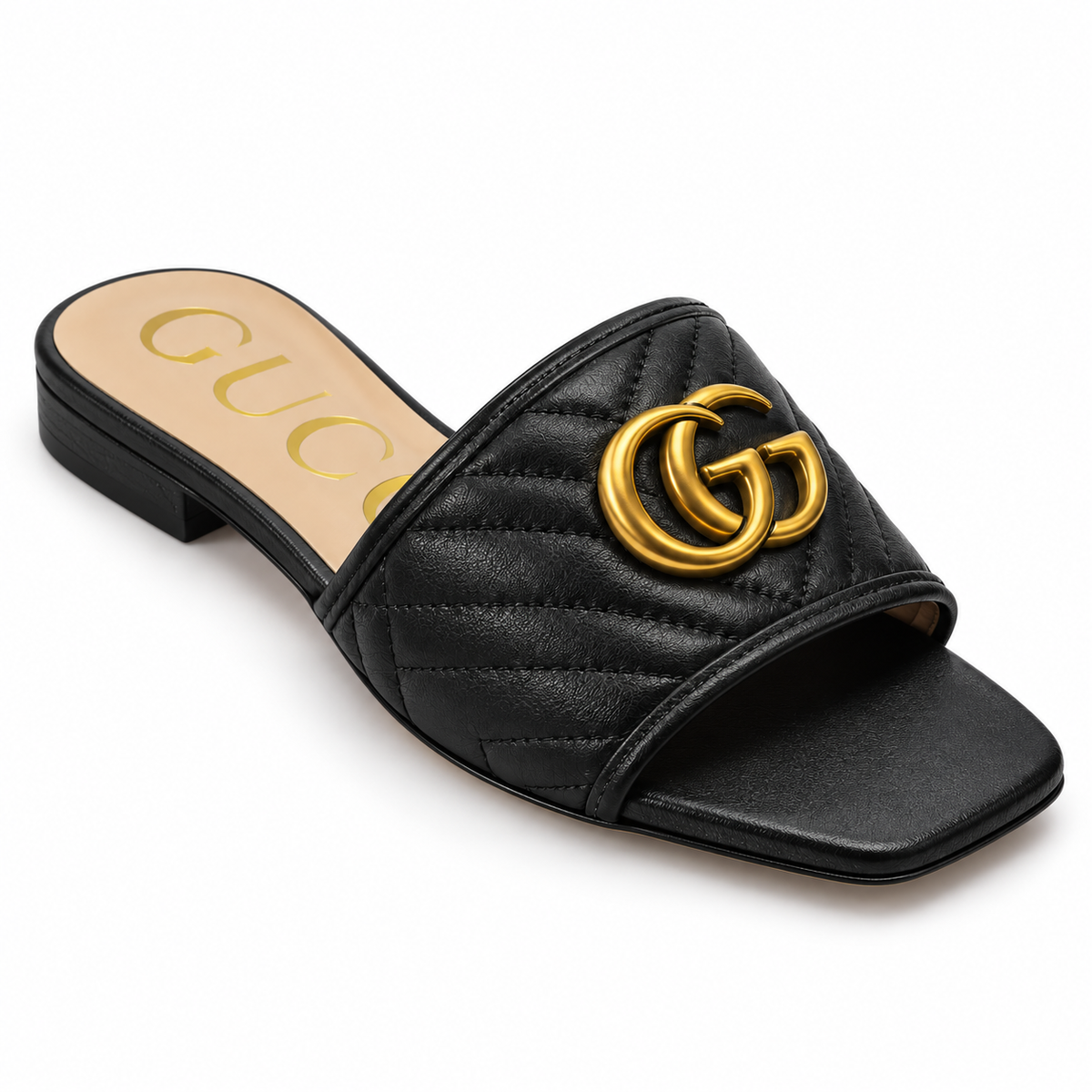 Black Quilted Padded Flat Slide Sandal with Gold-Tone Ornament size (36)
