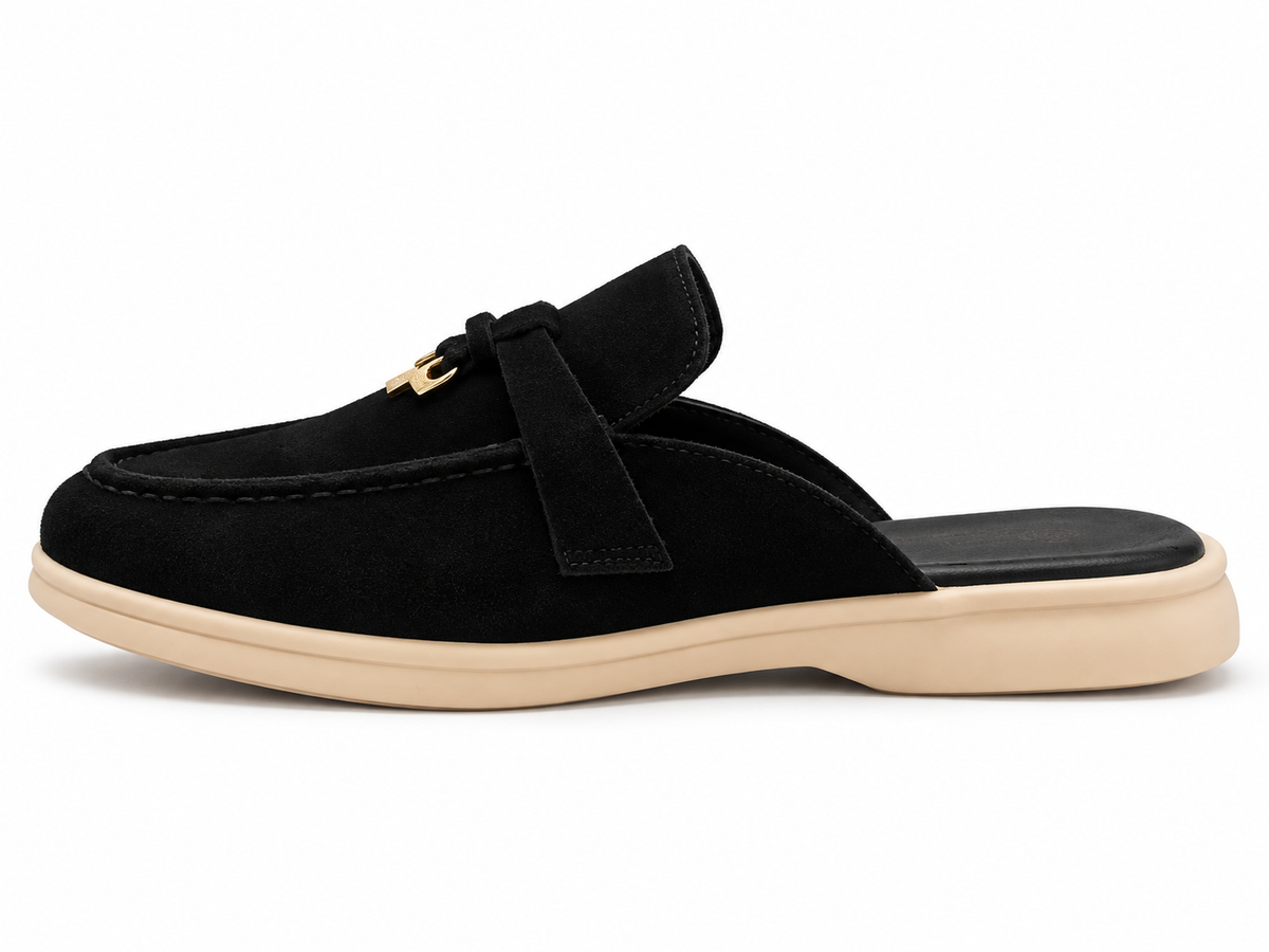 Black Suede Loafer Mule with Gold-Tone Buckle Detail size (36)