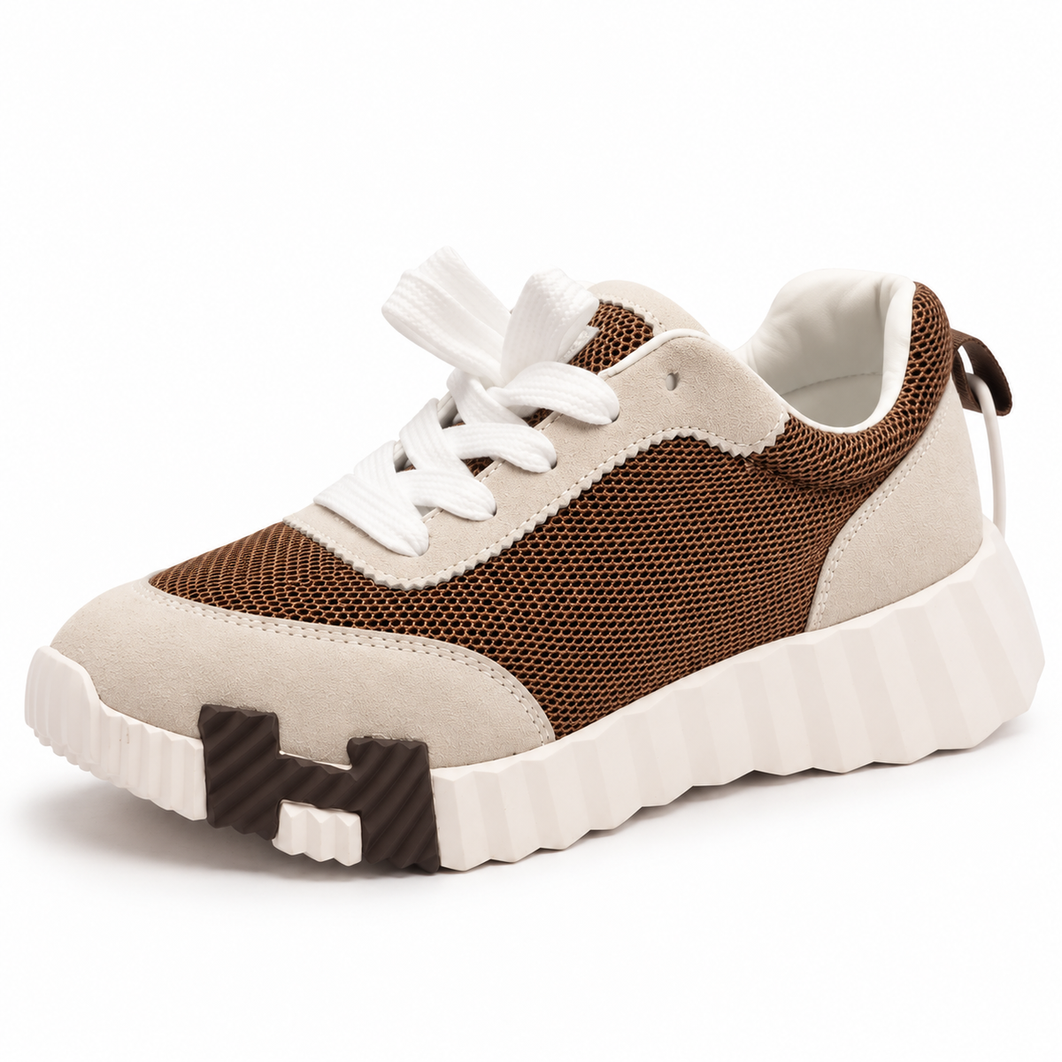 Brown Mesh & Cream Suede Lace-Up Sneaker with Chunky White Sole Size (37)