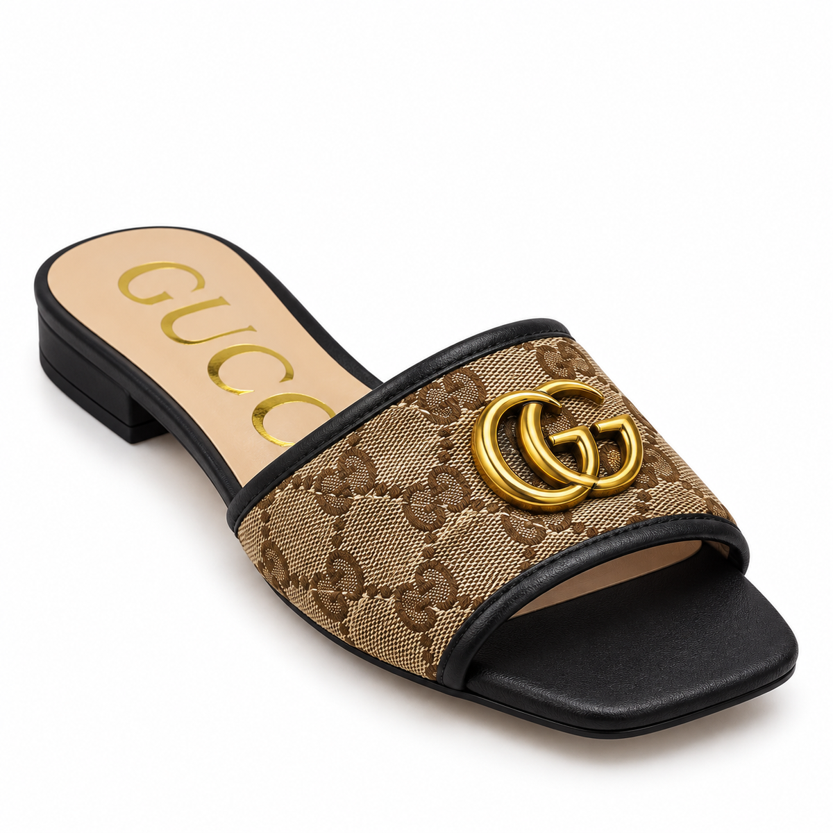 Brown Monogram Canvas Flat Slide Sandal with Gold-Tone Ornament size (38)