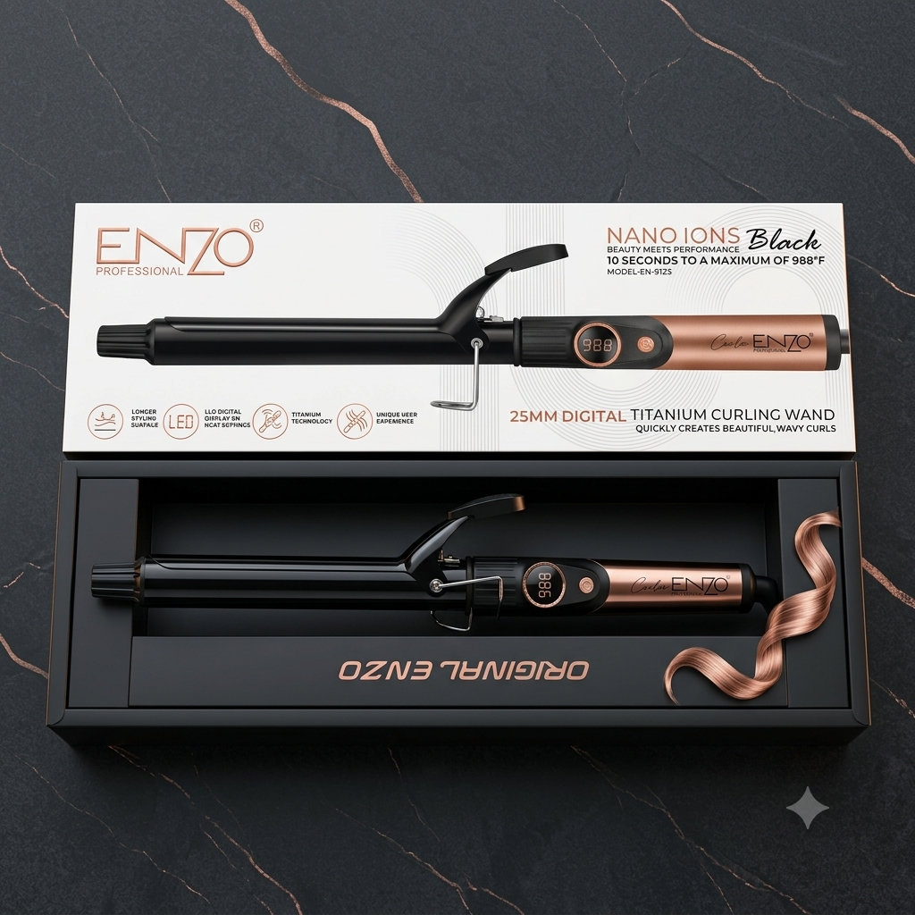 ENZO Professional EN-912S 25mm Digital Titanium Curling Wand (Nano Ions Black)