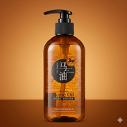 A professional 1350 x 1350 product photo of a brown translucent pump bottle of Horse Oil Shampoo set against a warm, high-contrast amber background.