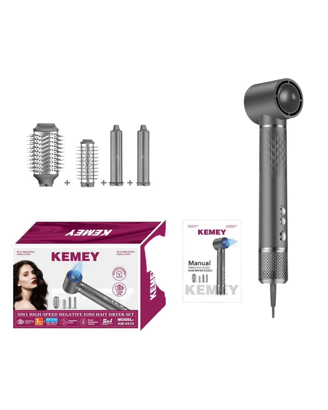 KEMEY 5-in-1 High-Speed Negative Ions Hair Dryer Set (KM-6919) / 1300W