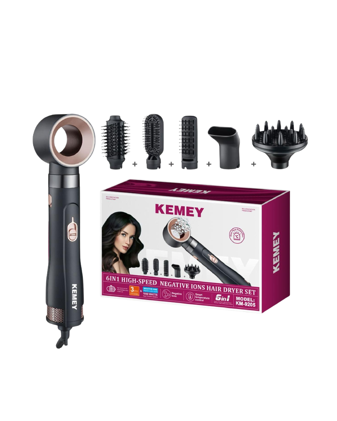 KEMEY 6-in-1 High-Speed Negative Ions Hair Dryer Set (KM-9205) / 1000W
