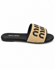 Natural Woven Raffia Flat Slide Sandal with Black Appliqué Detail size (37)
