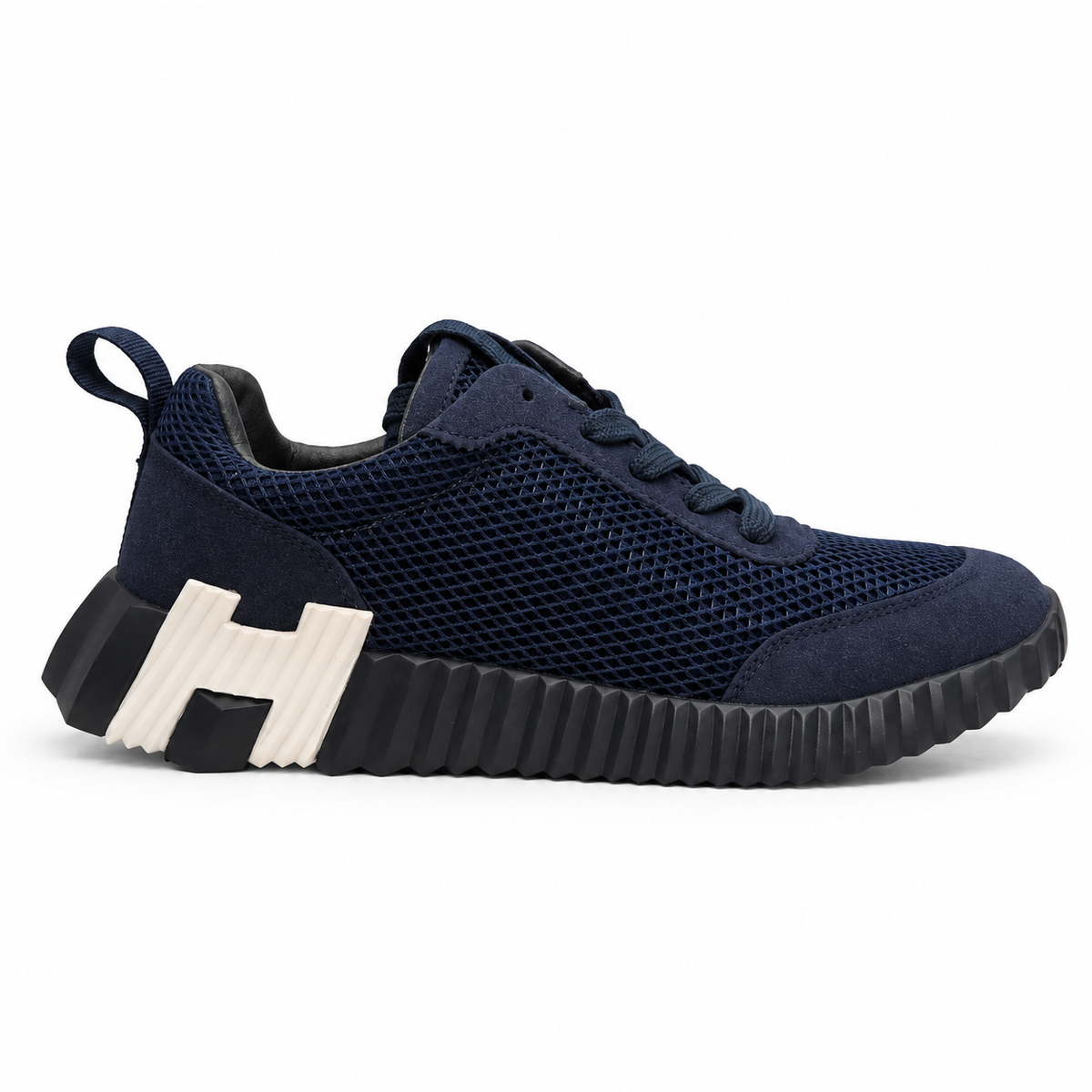 Navy Mesh & Suede Lace-Up Sneaker with Black Ribbed Sole Size 37