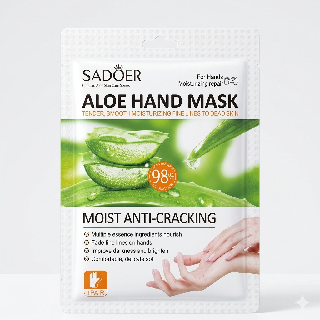 A single-pair packet of SADOER Aloe Hand Mask featuring green aloe vera slices and a pair of smooth hands.