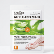 A single-pair packet of SADOER Aloe Hand Mask featuring green aloe vera slices and a pair of smooth hands.