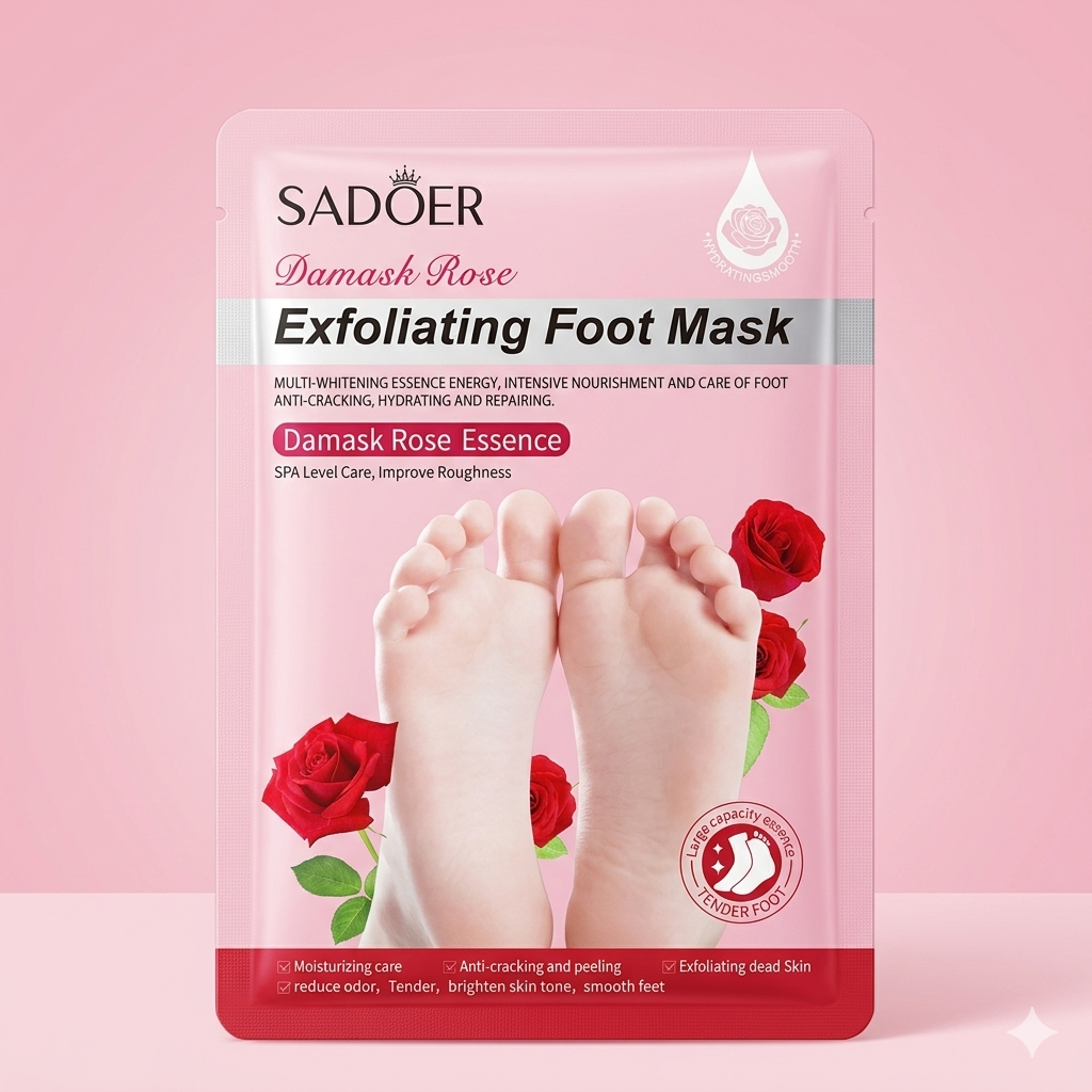 A professional 1350 x 1350 product image of a pink SADOER Damask Rose Exfoliating Foot Mask sachet featuring illustrations of feet and red roses.