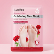 A professional 1350 x 1350 product image of a pink SADOER Damask Rose Exfoliating Foot Mask sachet featuring illustrations of feet and red roses.