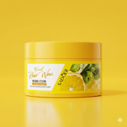 A bright yellow jar of SADOER Fruit Hair Wax featuring a label with imagery of fresh lemon slices and green olives.