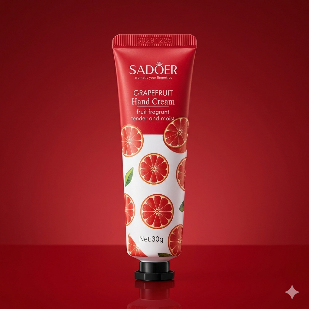 A 30g red and white tube of Sadoer Grapefruit Hand Cream featuring vibrant illustrations of sliced grapefruits against a deep red background.