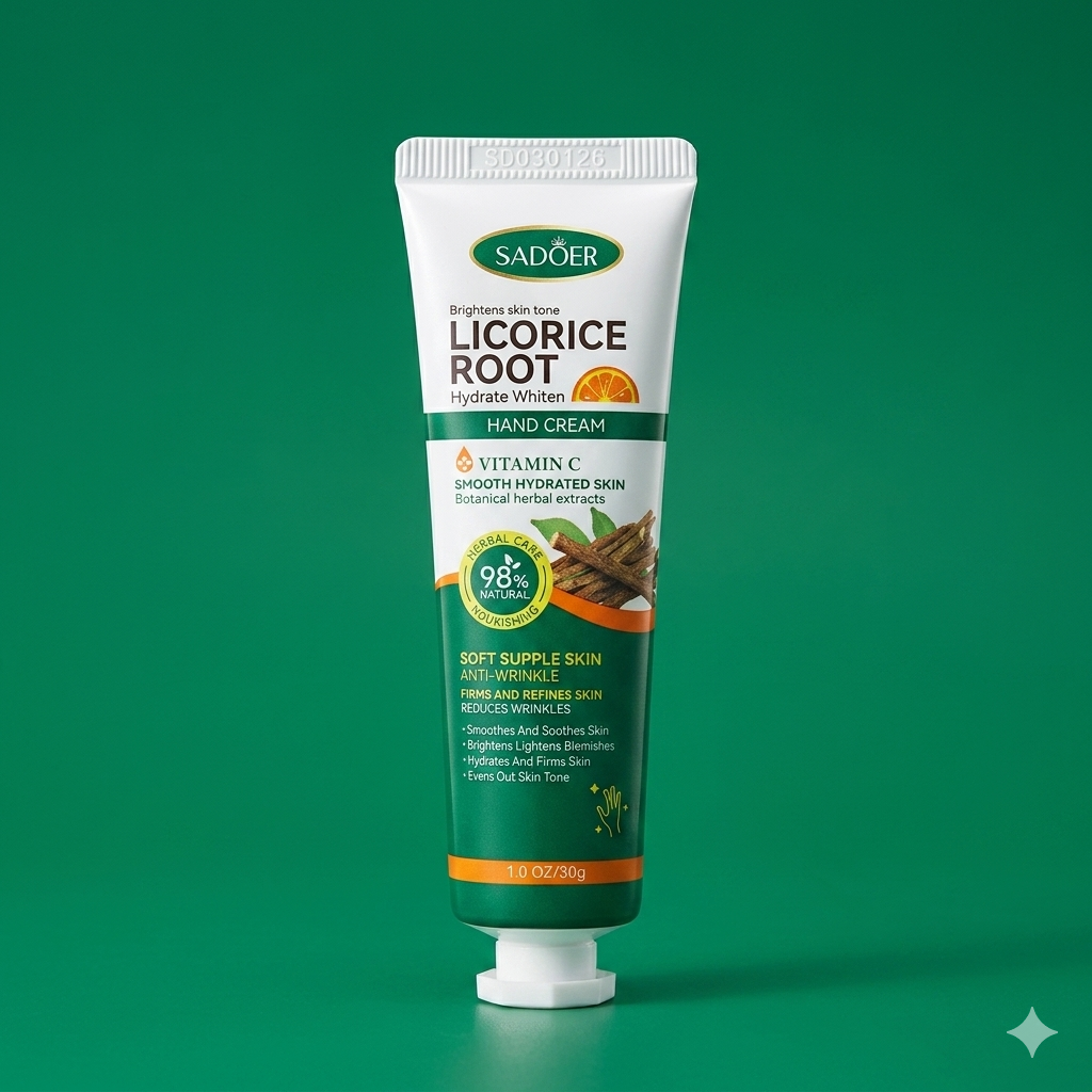 A 30g tube of SADOER Licorice Root Vitamin C Hand Cream on a solid green background.