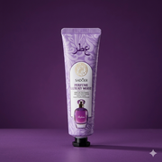 A purple tube of Sadoer Perfume Luxury Moist Hand Cream featuring an elegant leaf pattern and an illustration of a purple perfume bottle, set against a solid purple background.