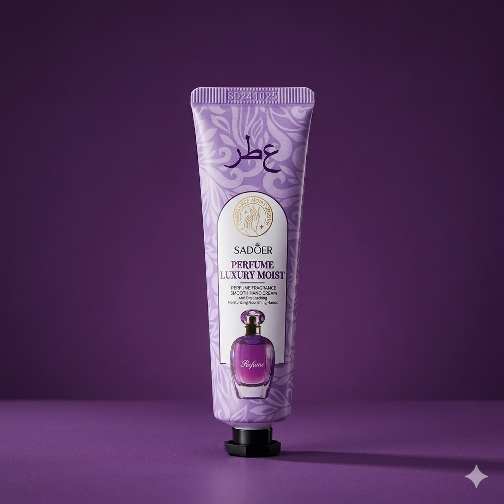 A purple tube of Sadoer Perfume Luxury Moist Hand Cream featuring an elegant leaf pattern and an illustration of a purple perfume bottle, set against a solid purple background.